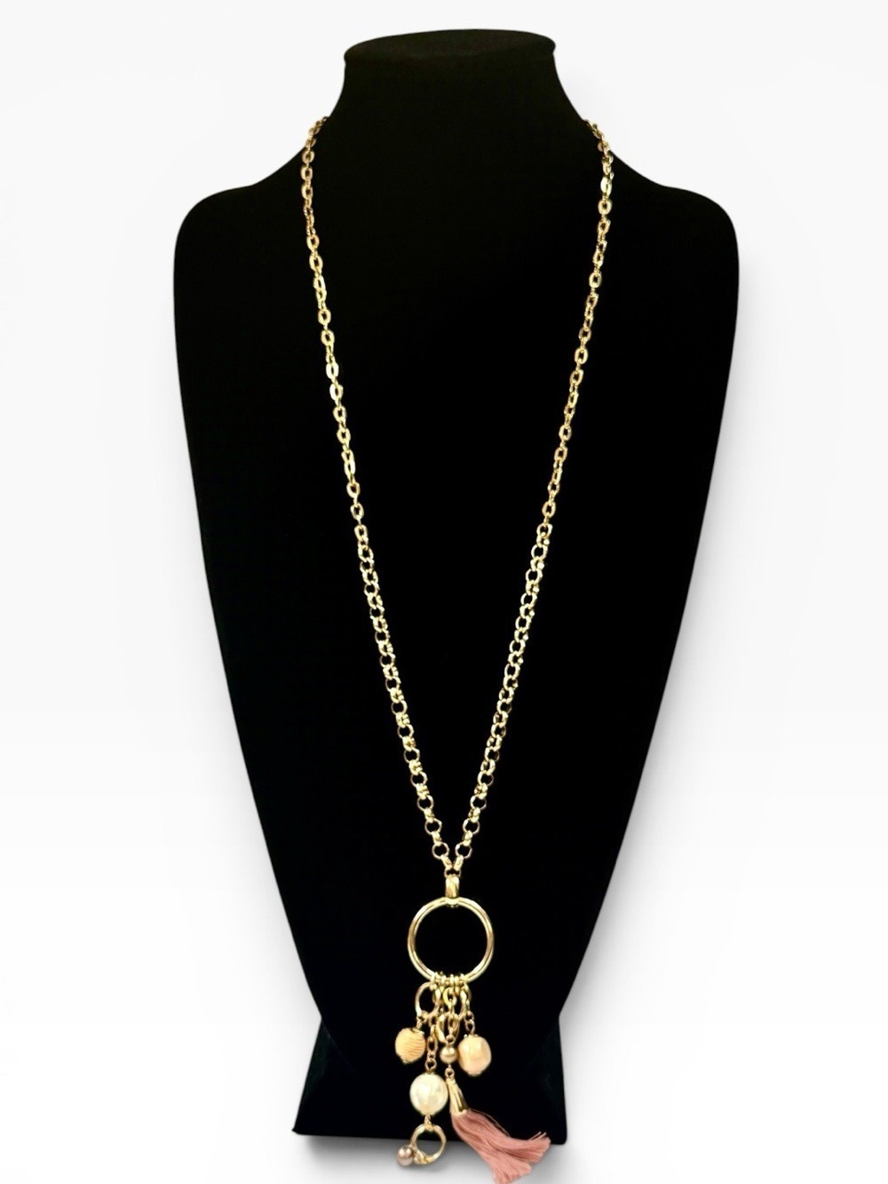 White House Black Market Gold Pink Tassel Charm Necklace